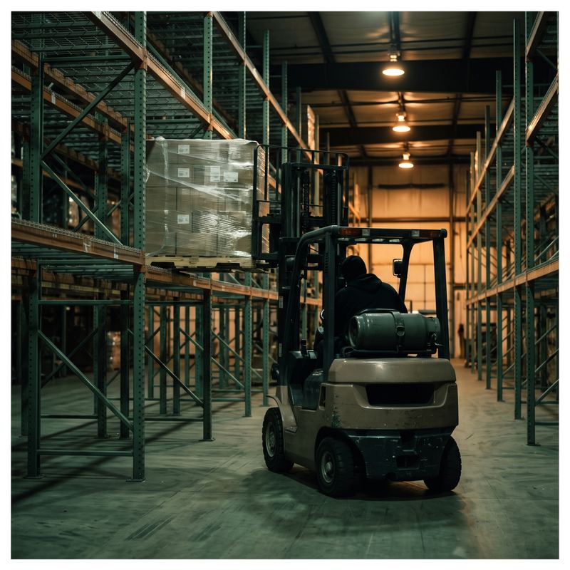 A counterbalance forklift placing a wrapped pallet on a racked aisle.